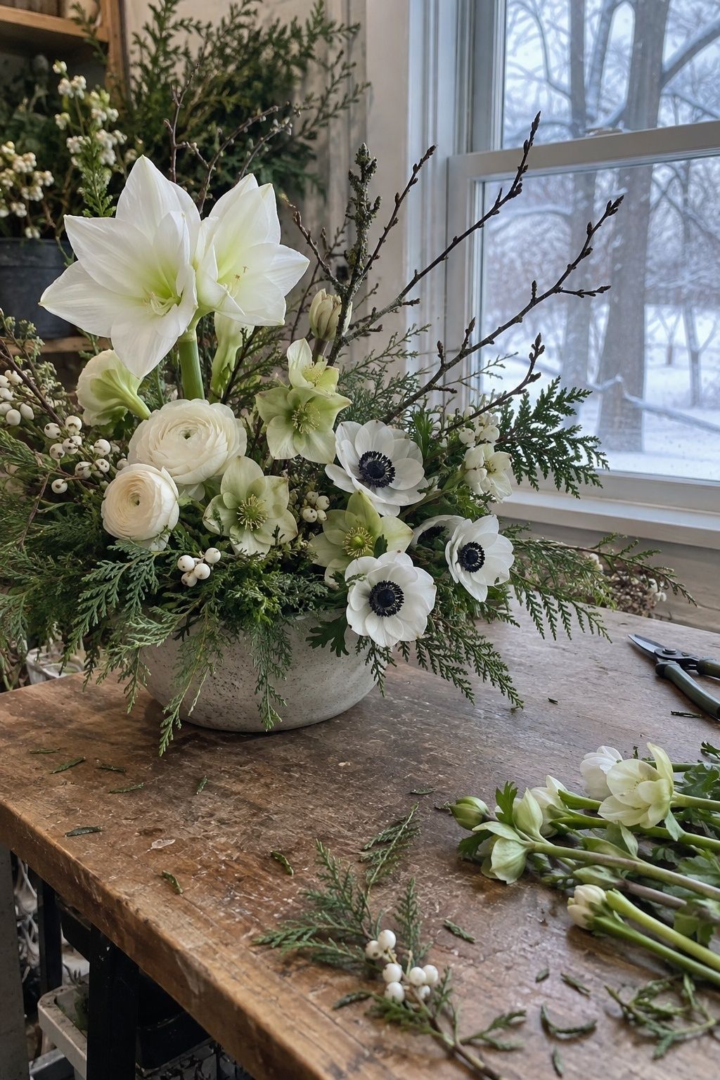 Low January wedding flower arrangement with anemones, hellebores, amaryllis, cedar, and berries.