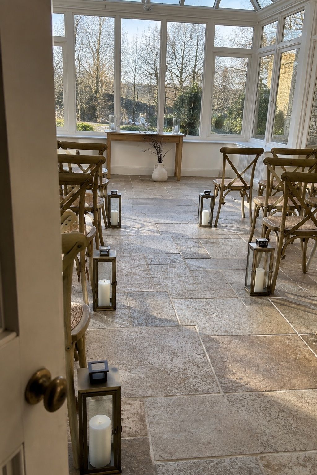 Early-afternoon conservatory ceremony arranged around January daylight.
