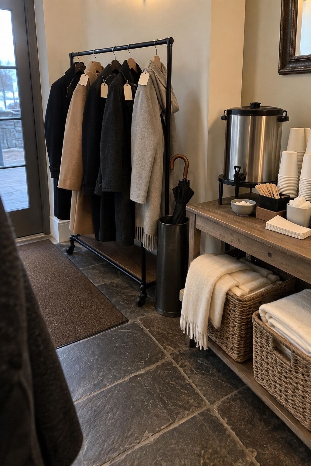 January wedding arrival area with coat rack, shawls, umbrellas, and hot drinks.