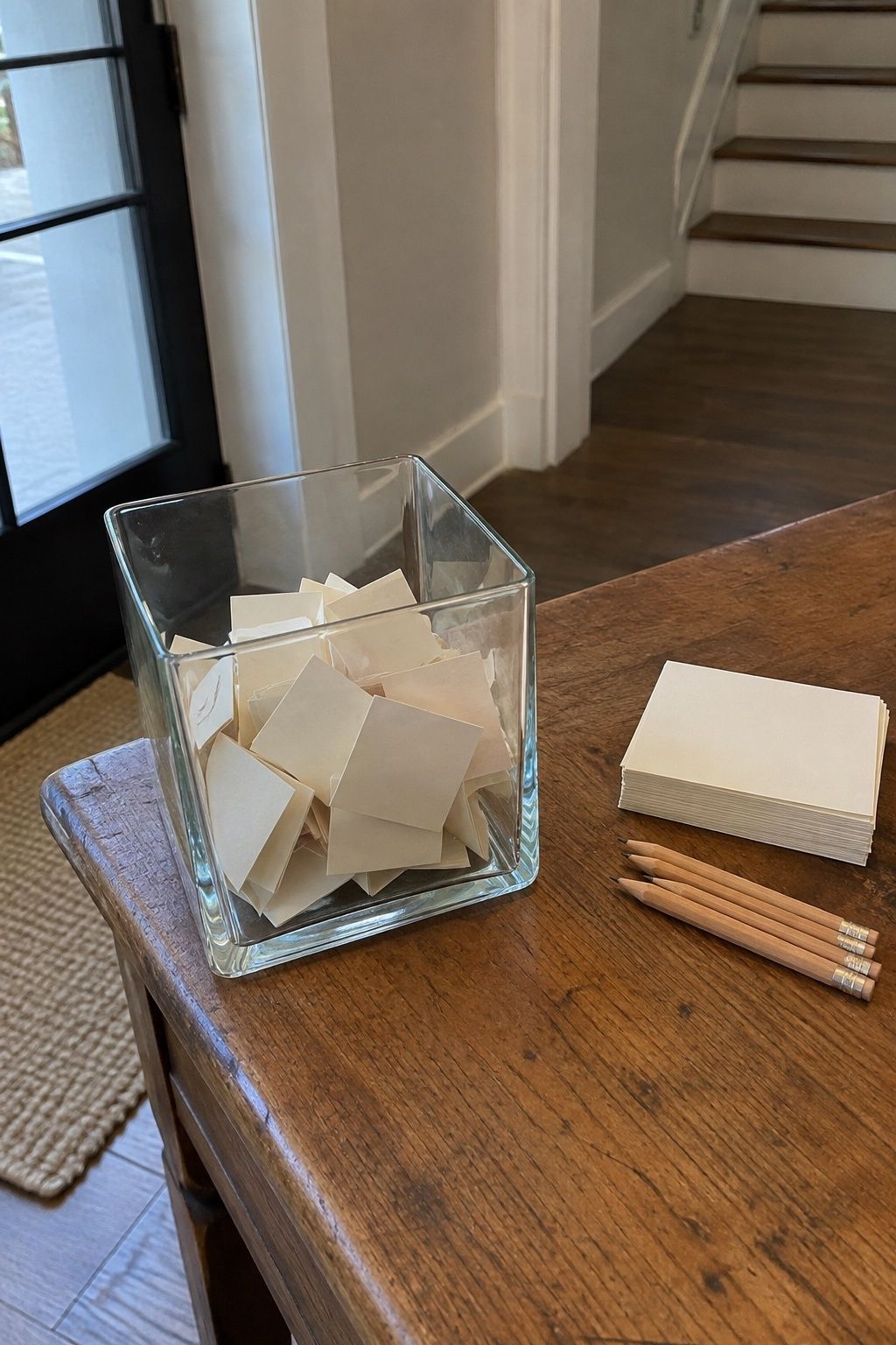 Subtle January wedding first-year wish station with folded ivory notes and blank cards.