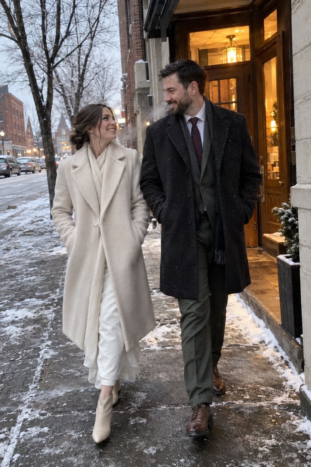 Wedding couple in tailored coats taking a short January portrait walk near a heated inn.