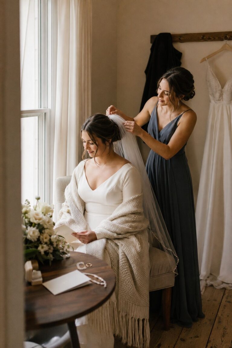 window lit getting ready portraits for a small January wedding