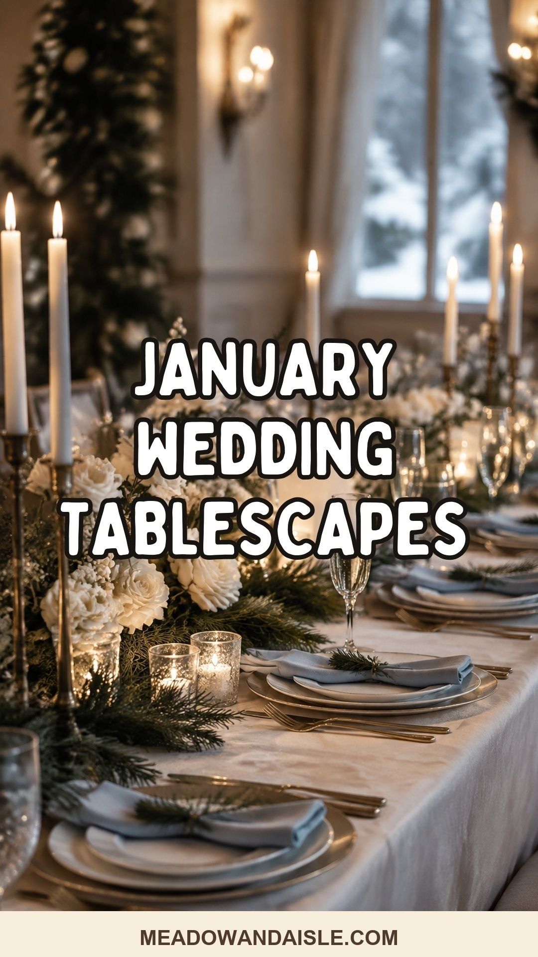 Pinterest pin for January Wedding Tablescape Ideas for Candlelit Winter Dinner
