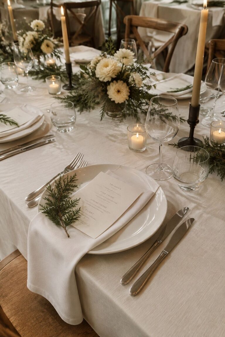 Ivory linens with evergreen sprigs for a January wedding tablescape with warm winter dinner styling