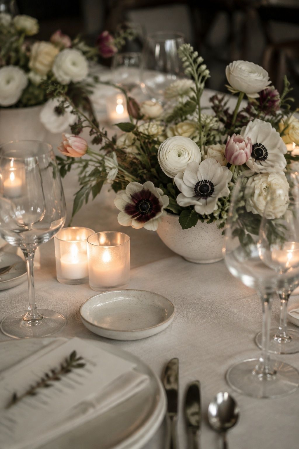 Frosted glass votives with low florals