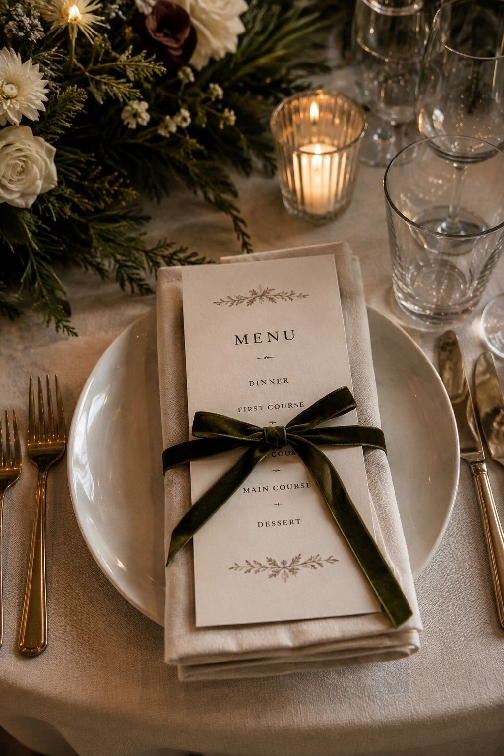 Velvet ribbon tied around menus