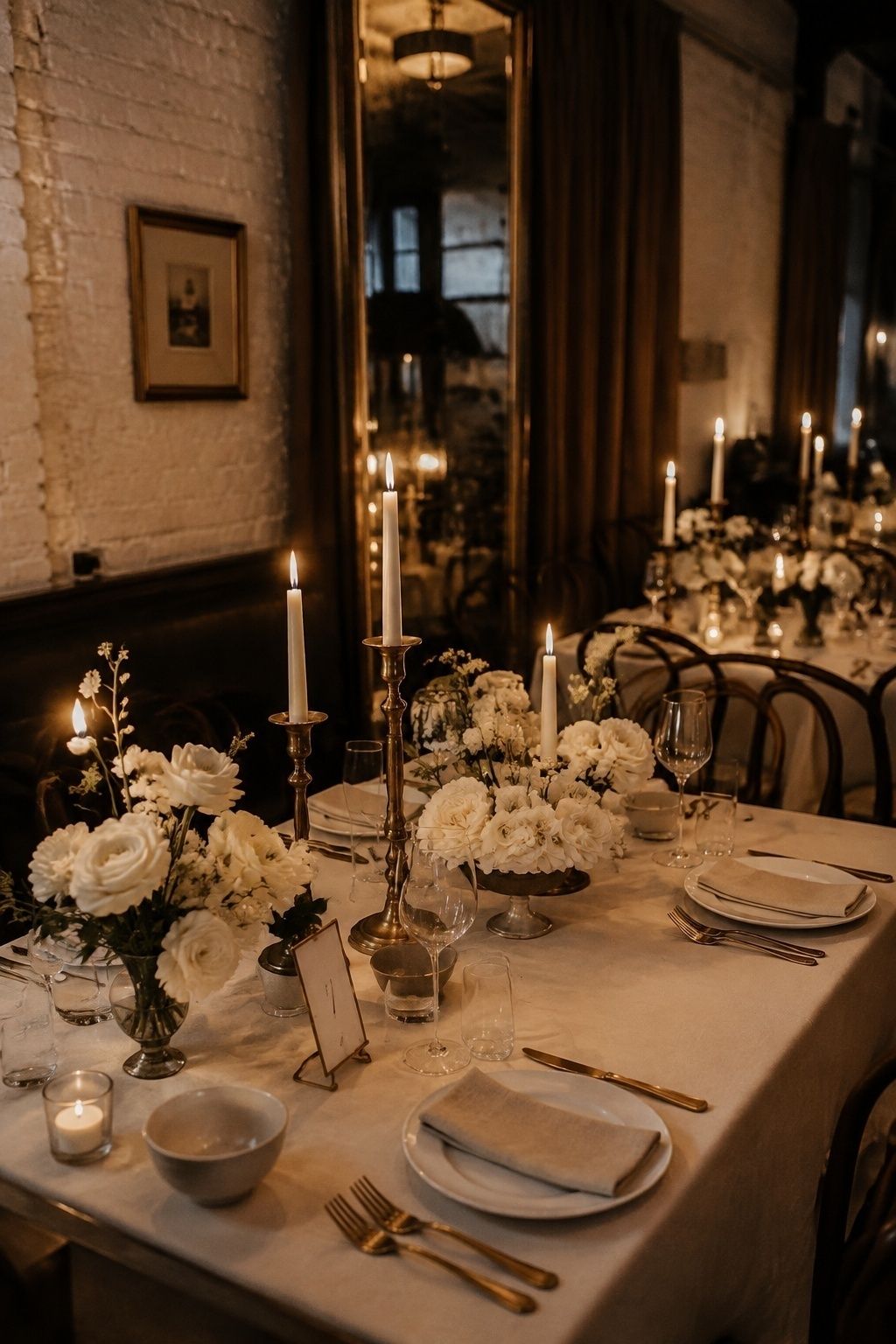 Brass candlesticks with white flowers