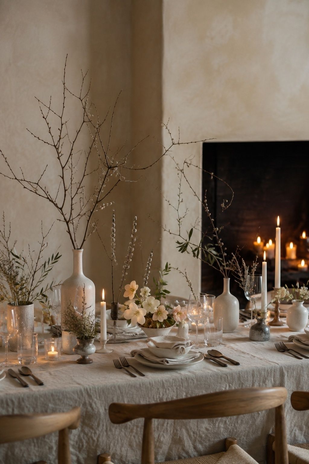 Ceramic vases holding bare winter branches