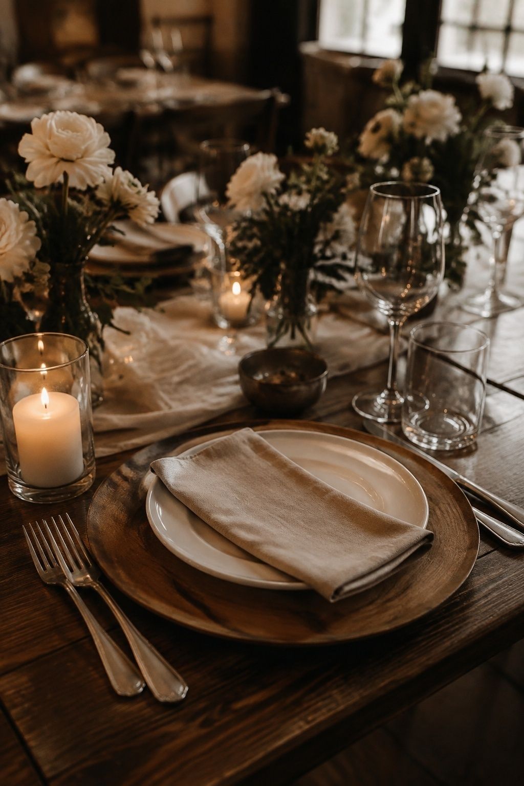 Warm wood chargers with linen napkins