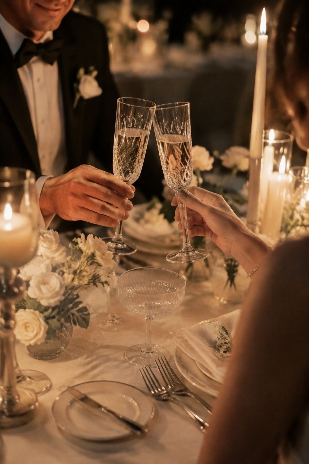 Champagne glassware glowing in candlelight