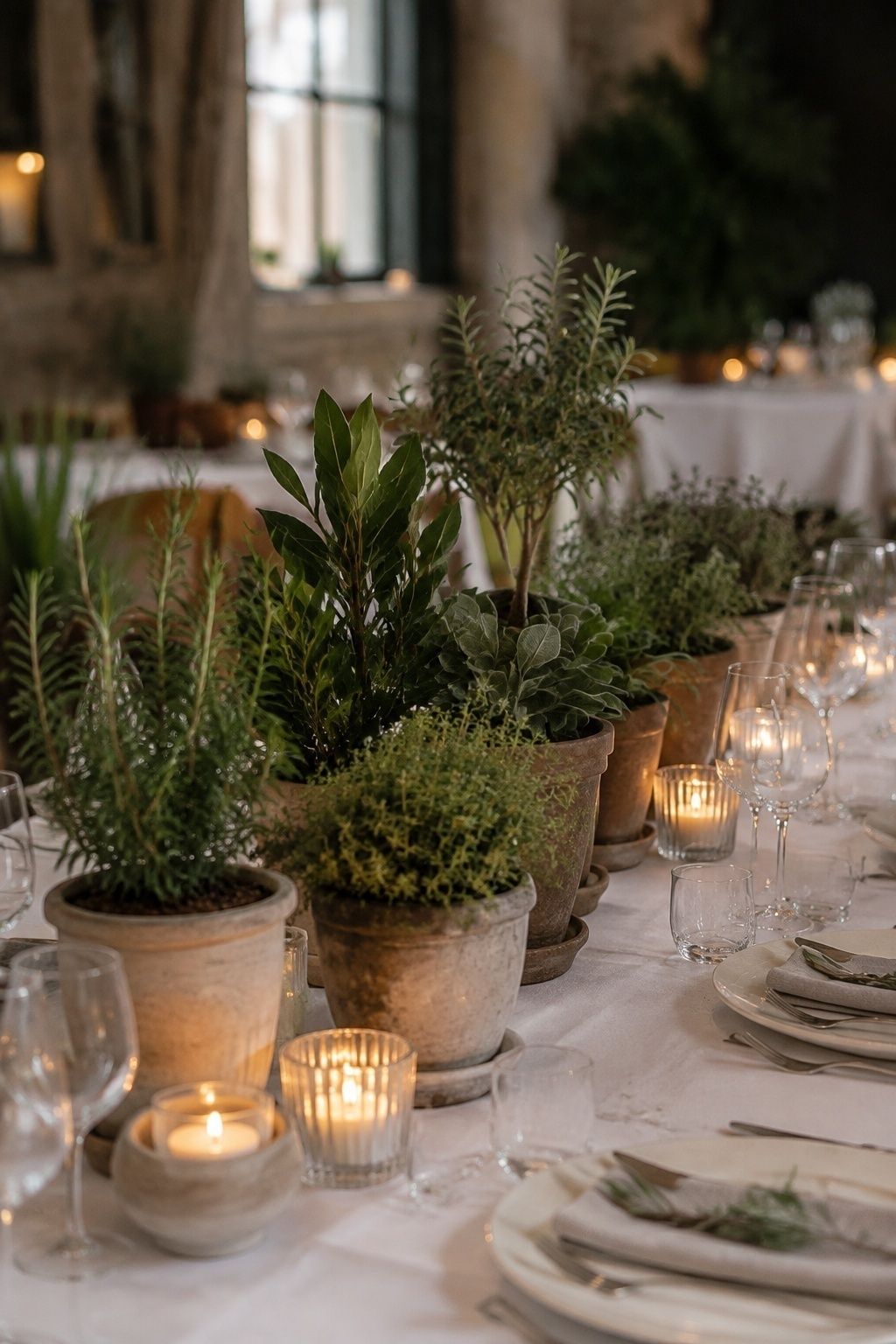 Potted herbs as small winter centerpieces