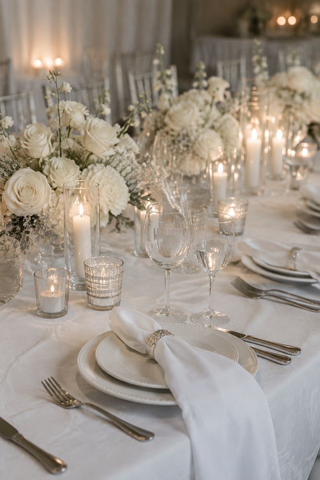 Snow-inspired all-white table without snowflake motifs