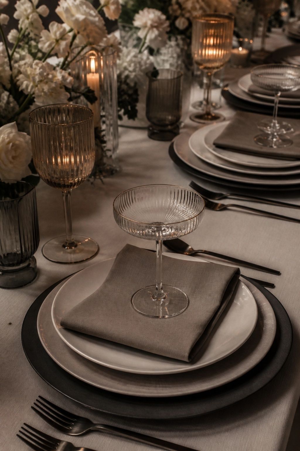 Ribbed glassware with matte charger plates