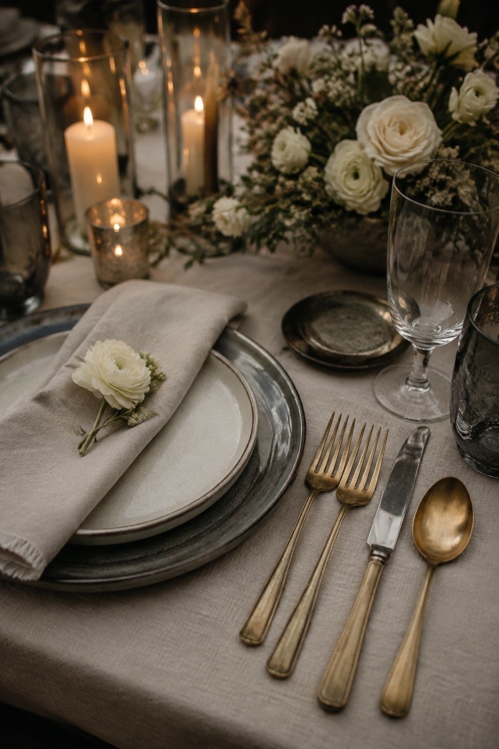 Mixed metallic flatware on soft linens