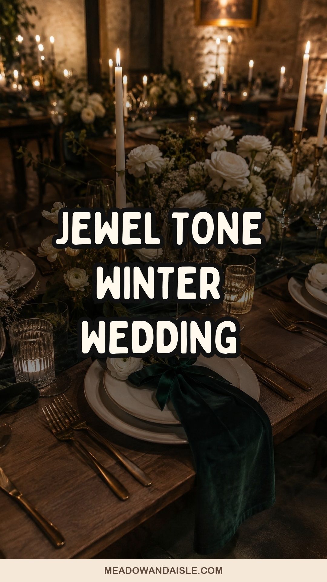 Jewel-tone winter wedding colors with emerald velvet, ivory flowers and antique gold