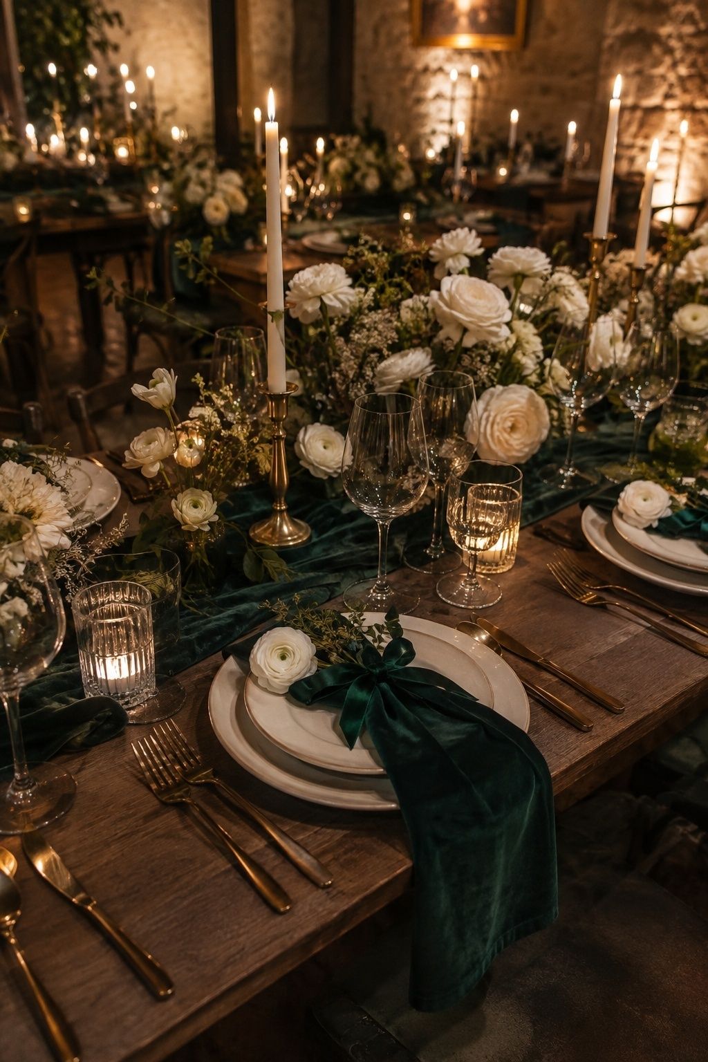 Emerald velvet, ivory flowers and antique gold on a winter wedding table