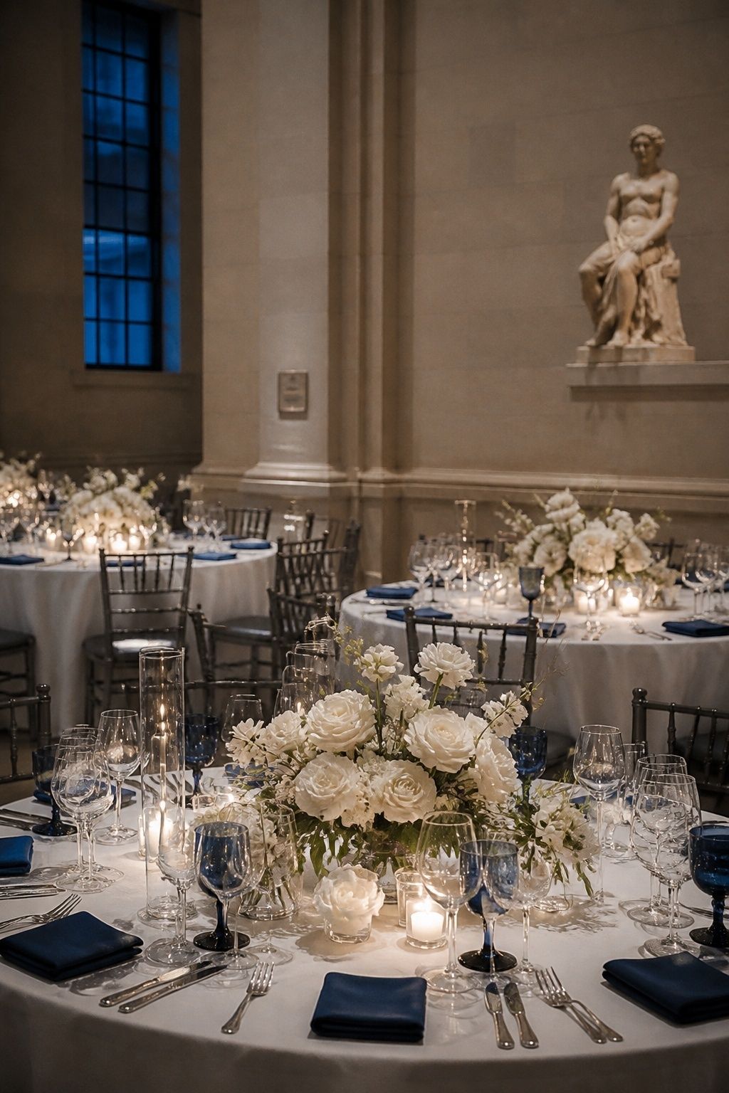 Sapphire, silver and snow-white winter wedding reception palette