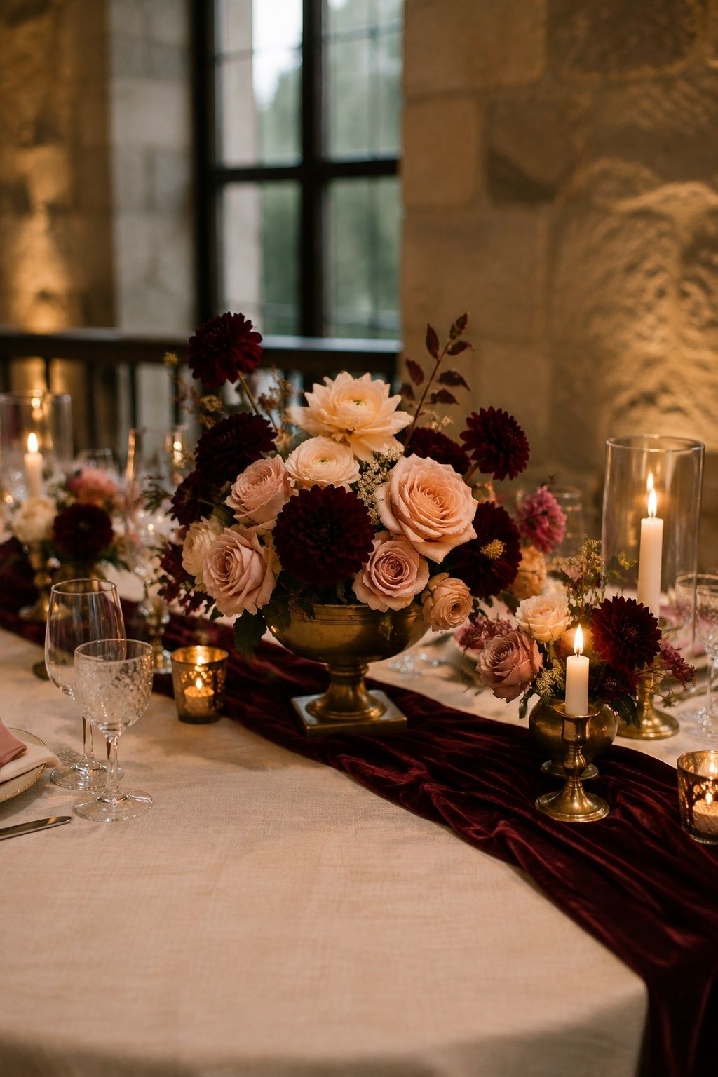 Burgundy and blush winter wedding flowers with brass details
