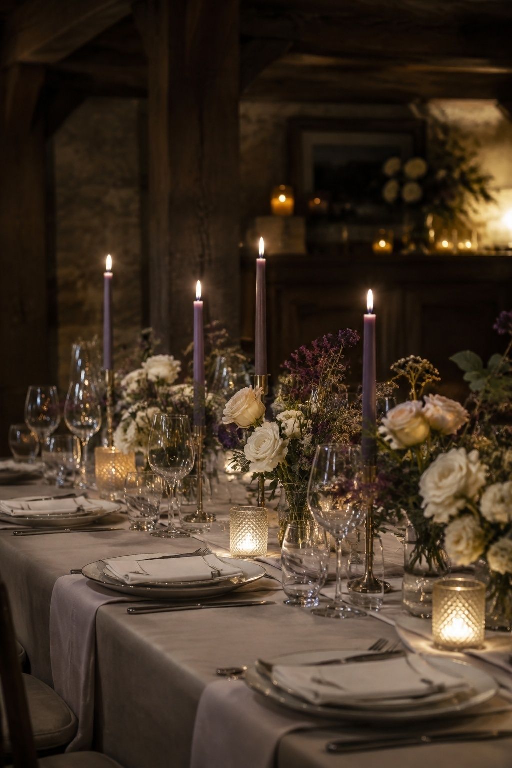 Amethyst, cream and candlelight winter wedding table