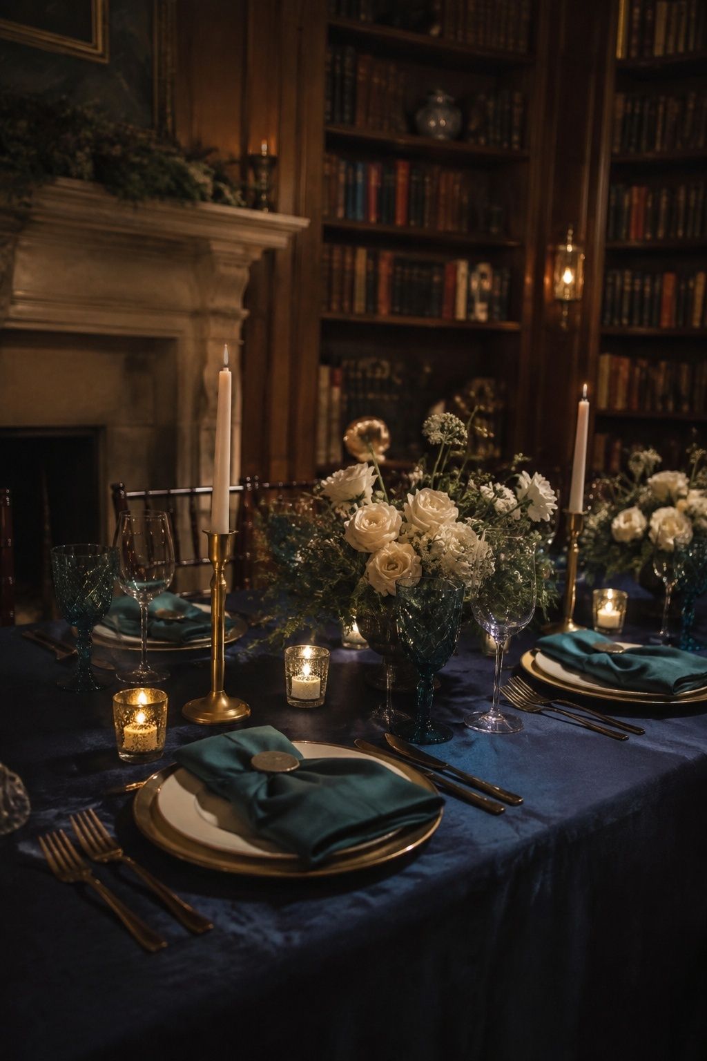 Teal glassware, navy linen and soft gold at a library wedding