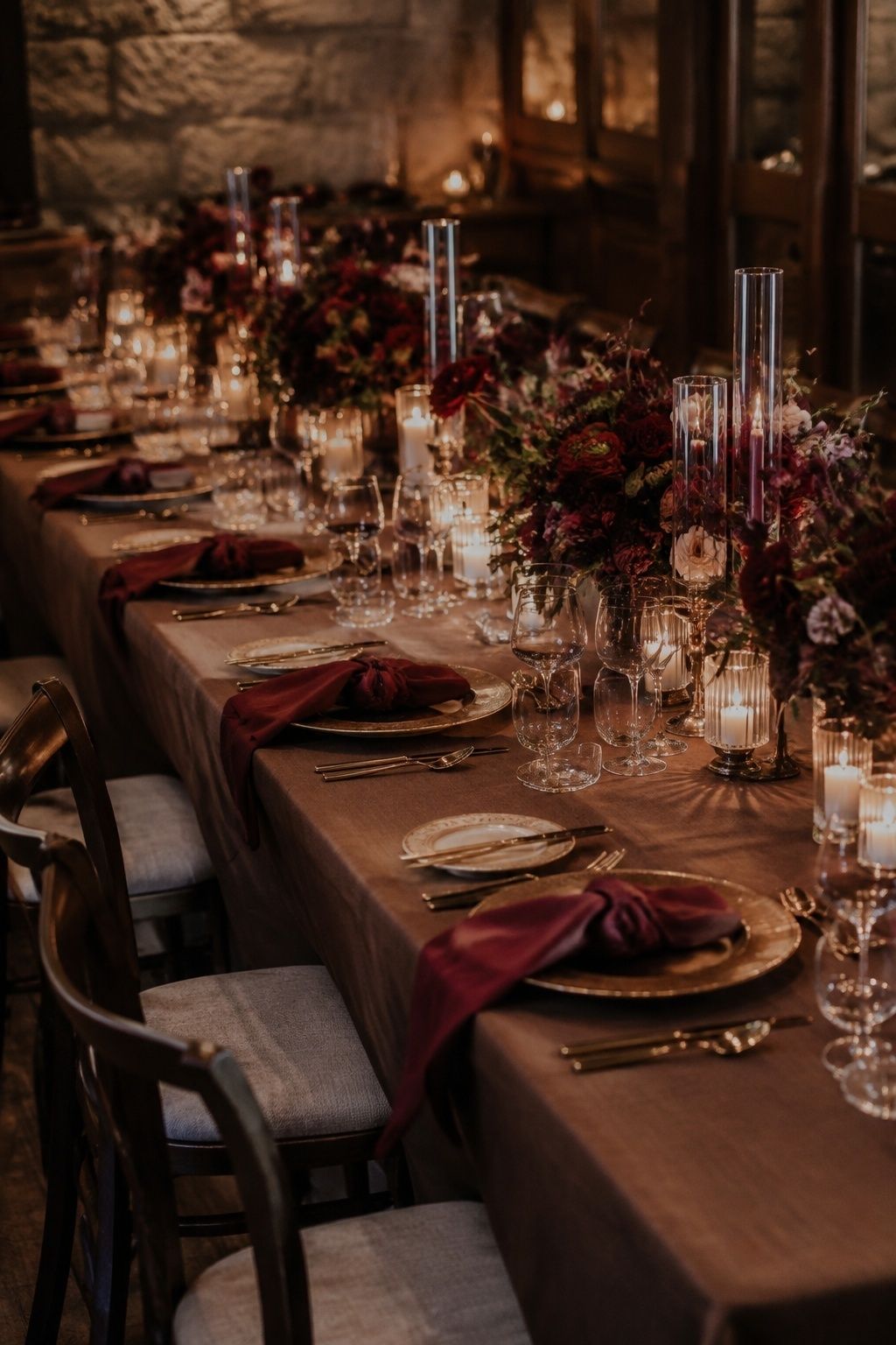 Garnet, mocha and champagne intimate winter reception