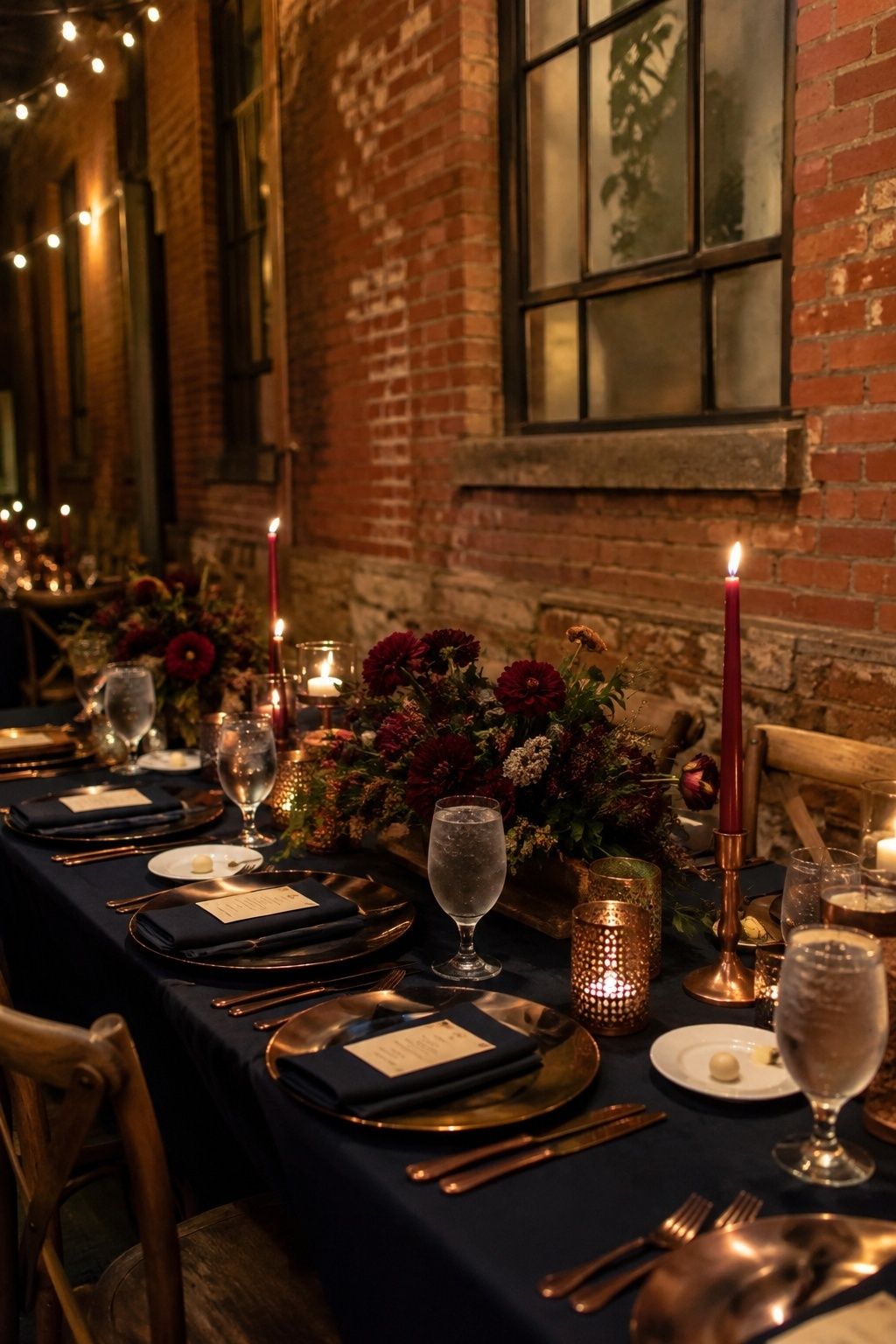 Navy, wine and copper winter wedding table in a brick venue
