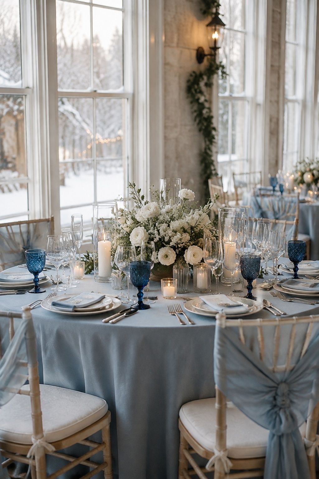 Sapphire and dusty blue winter wedding table beside snowy windows