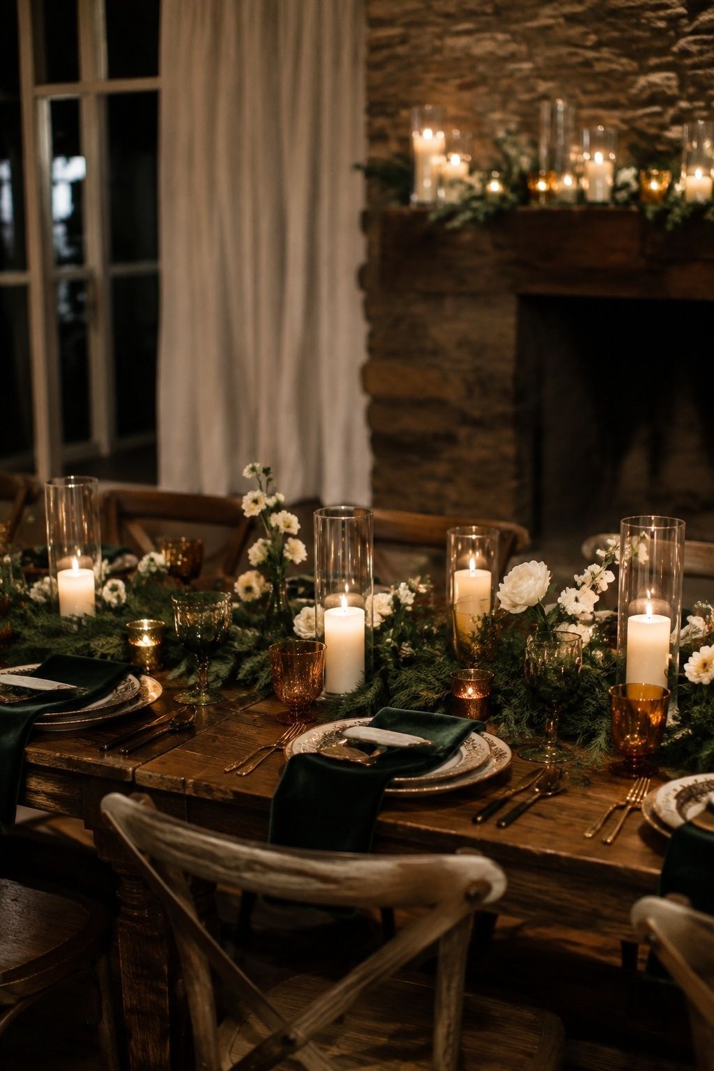 Deep green and topaz winter wedding table by a stone fireplace