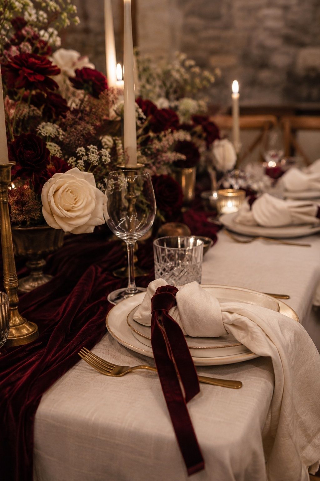 Burgundy velvet layered with ivory linens on a wedding table
