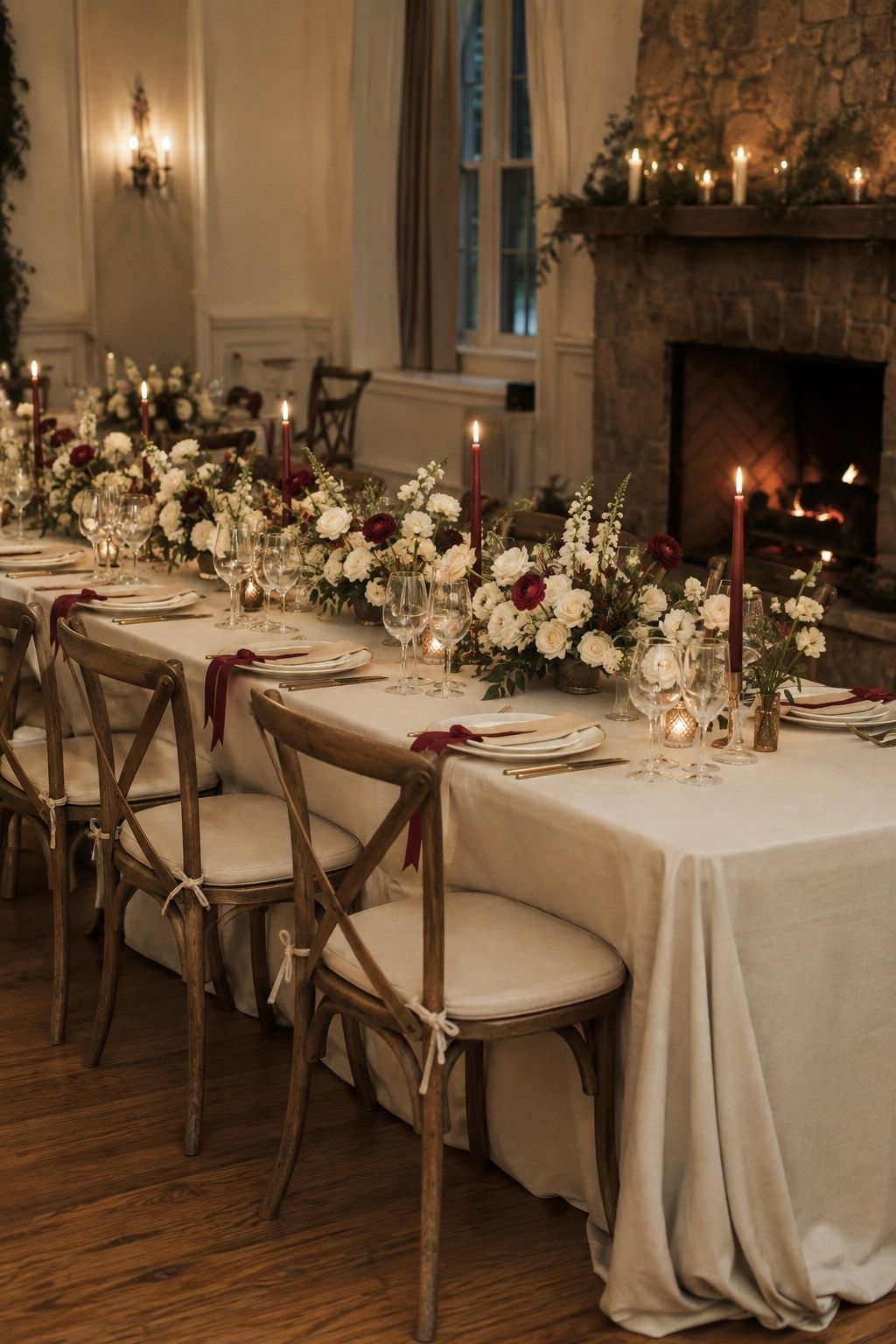 Restrained ruby accents on a cream winter wedding table