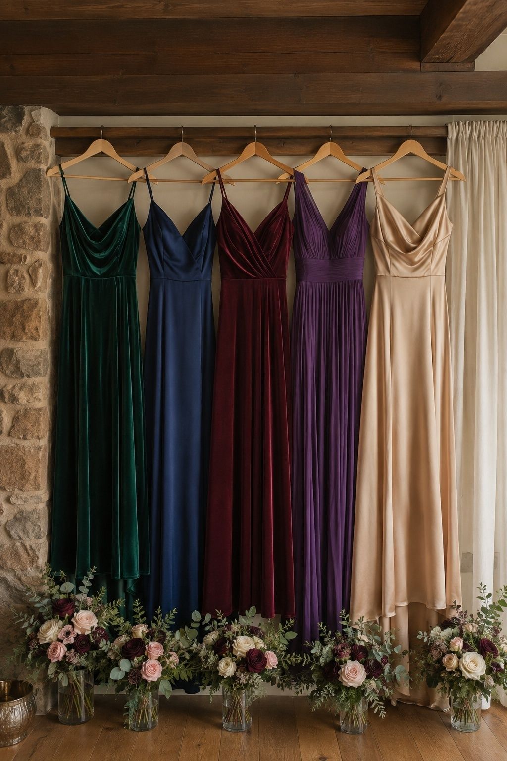 Mixed jewel-tone bridesmaid dresses with one champagne neutral