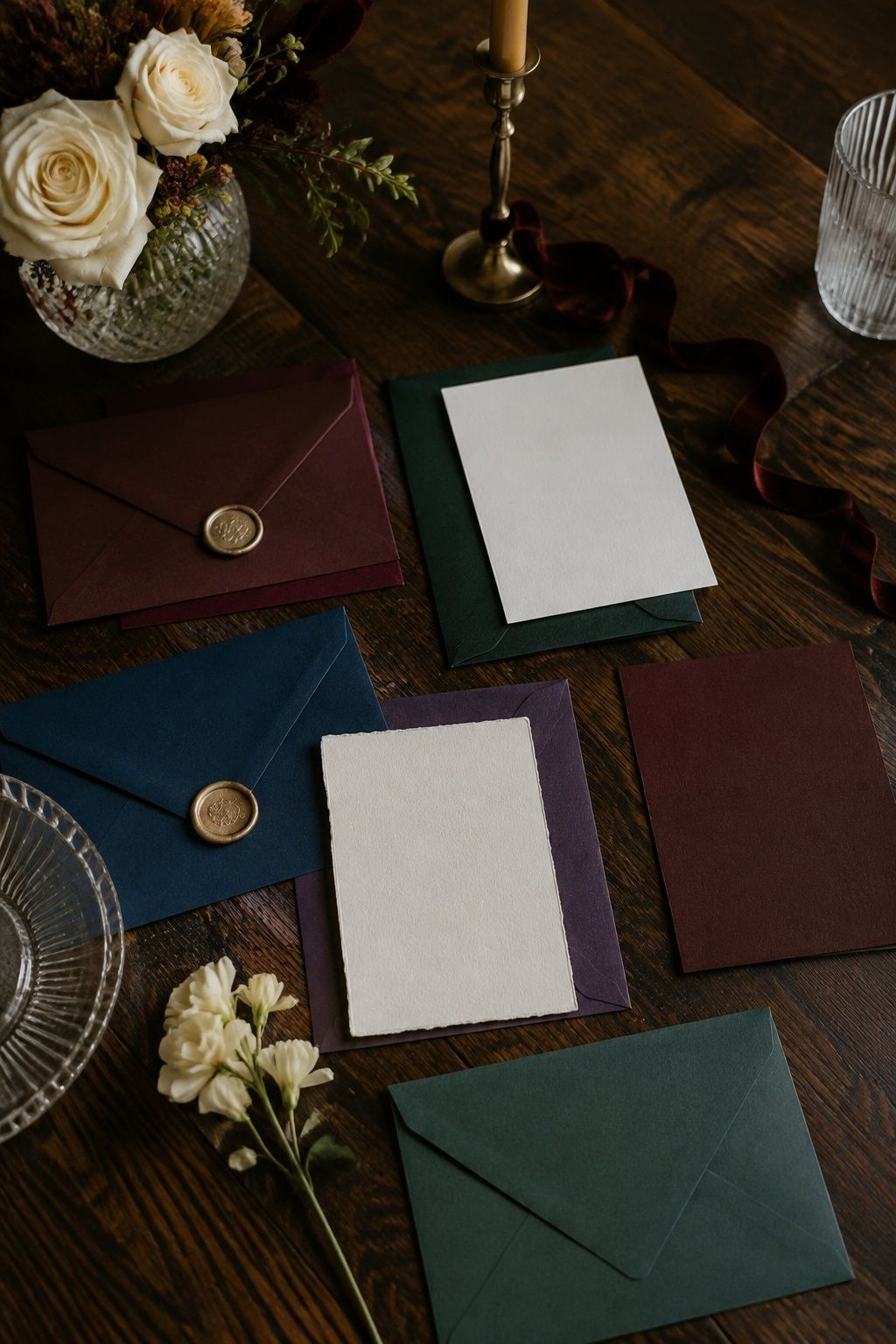 Jewel-tone wedding paper goods with simple neutral decor