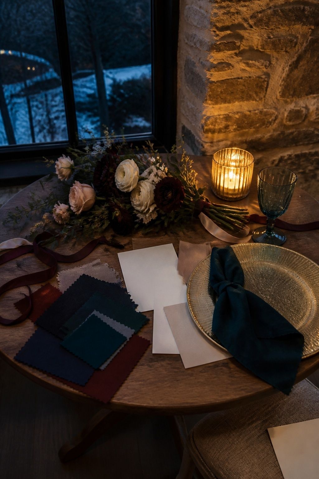 Jewel-tone wedding samples tested in cool dusk and warm candlelight