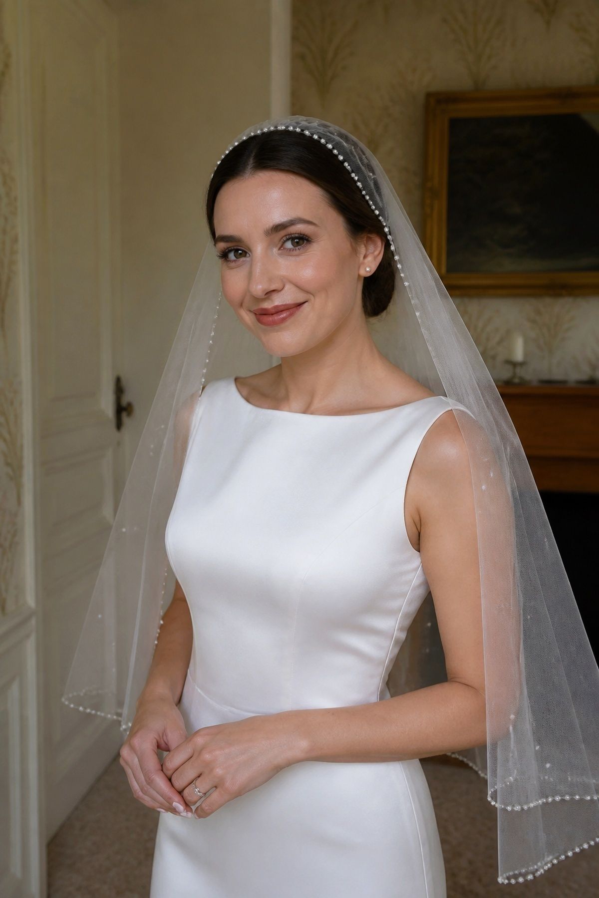 Pearl-trimmed Juliet veil with soft shimmer