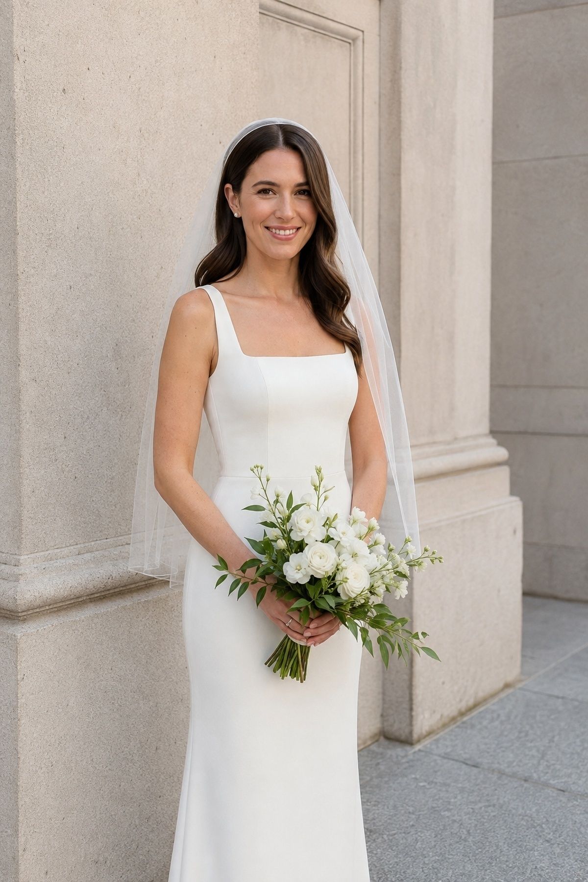 Clean-edge cap veil with a minimalist dress