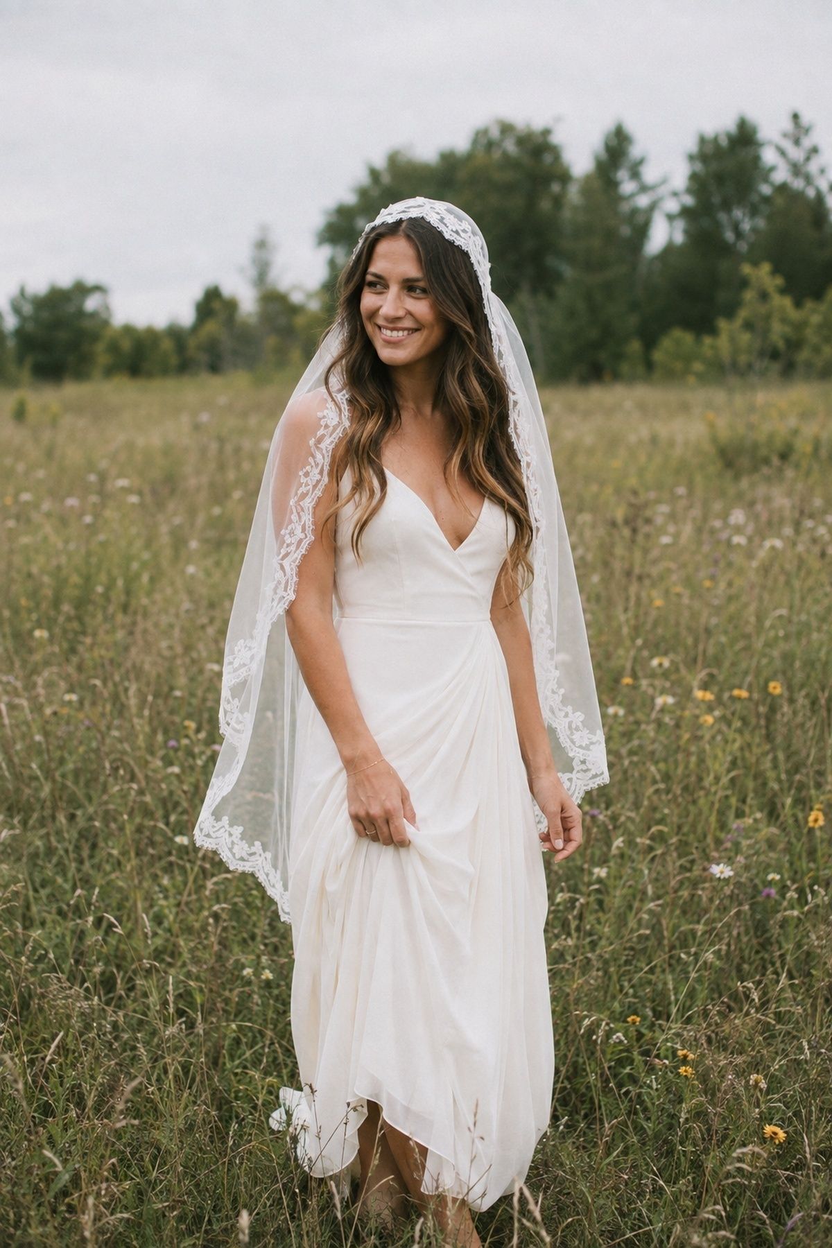 Boho Juliet cap veil over loose waves