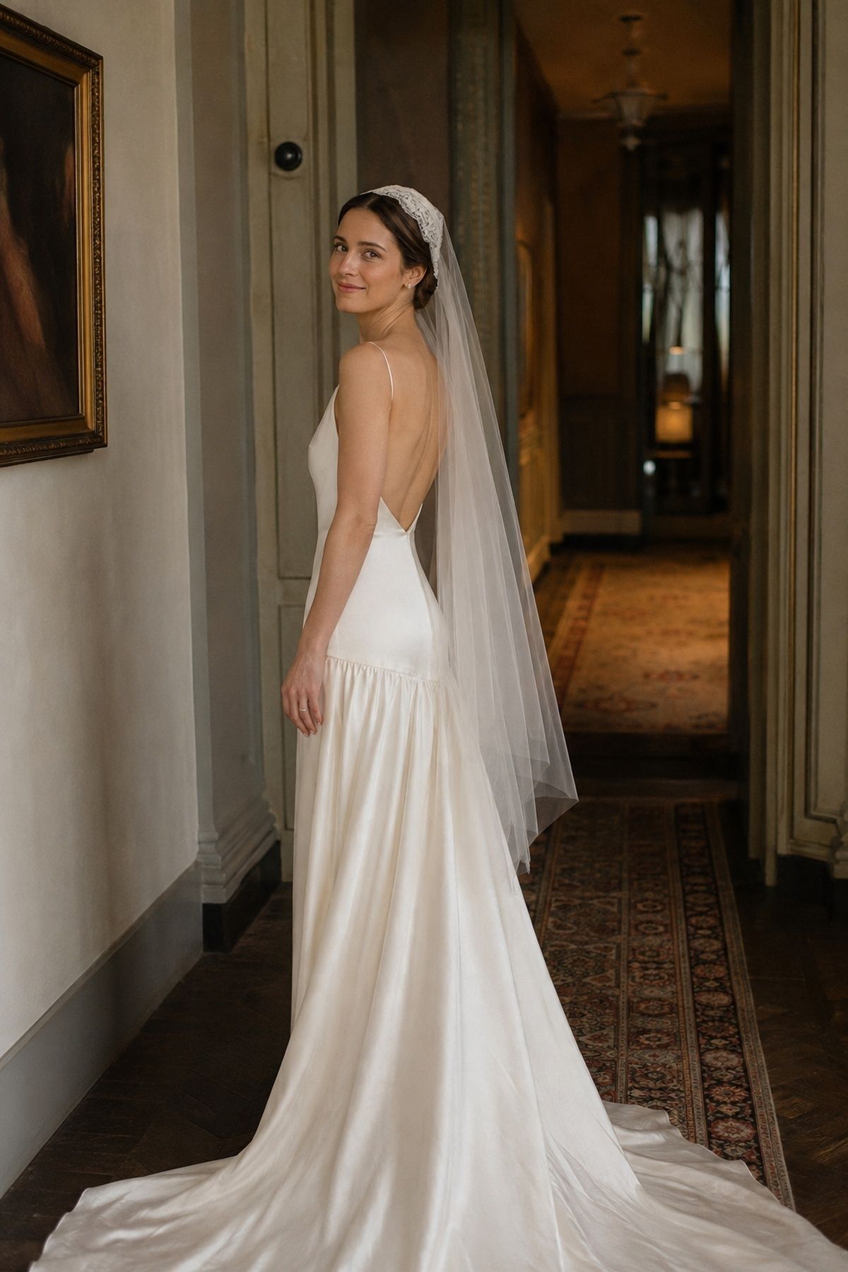 Juliet cap veil worn with a drop-waist dress