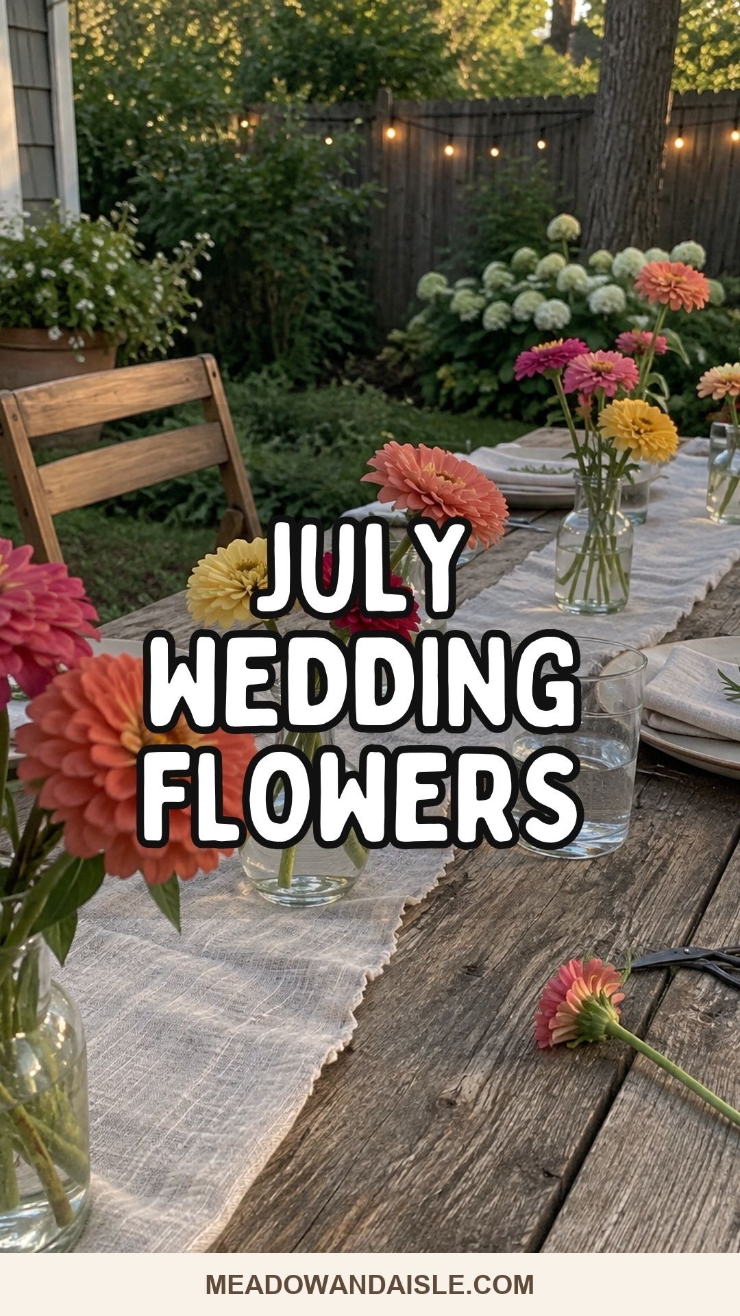 Pinterest pin with the title July Wedding Flowers