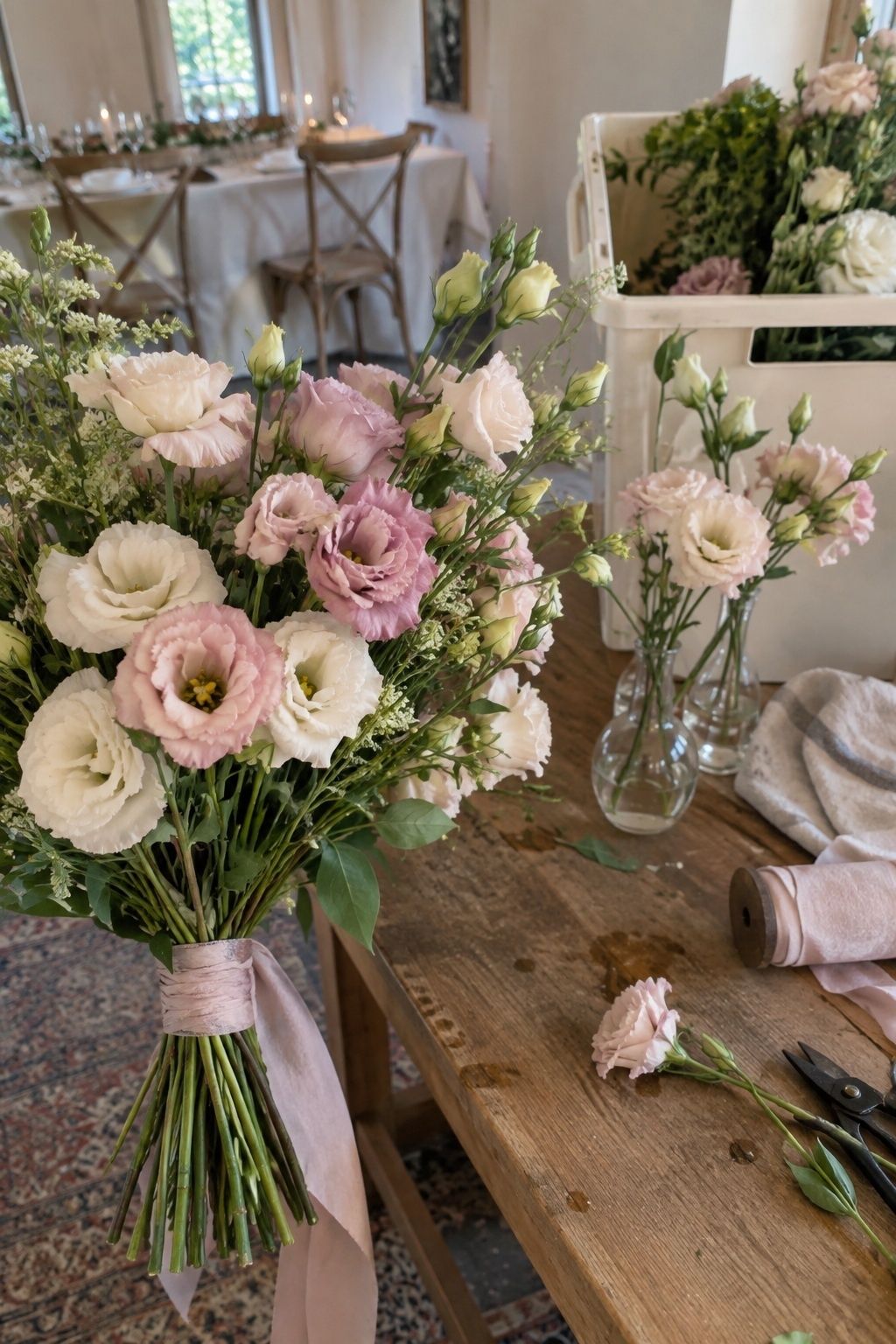 Soft lisianthus in a romantic summer bouquet