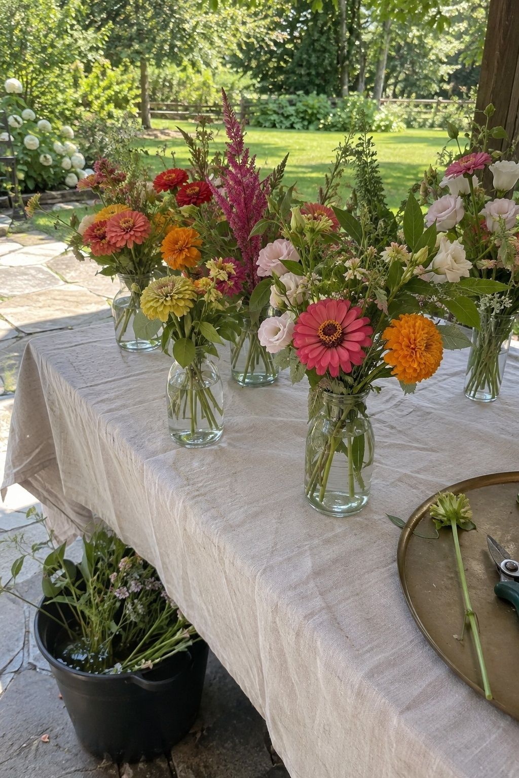 Sturdy zinnias, celosia, marigolds, and greenery for a July wedding