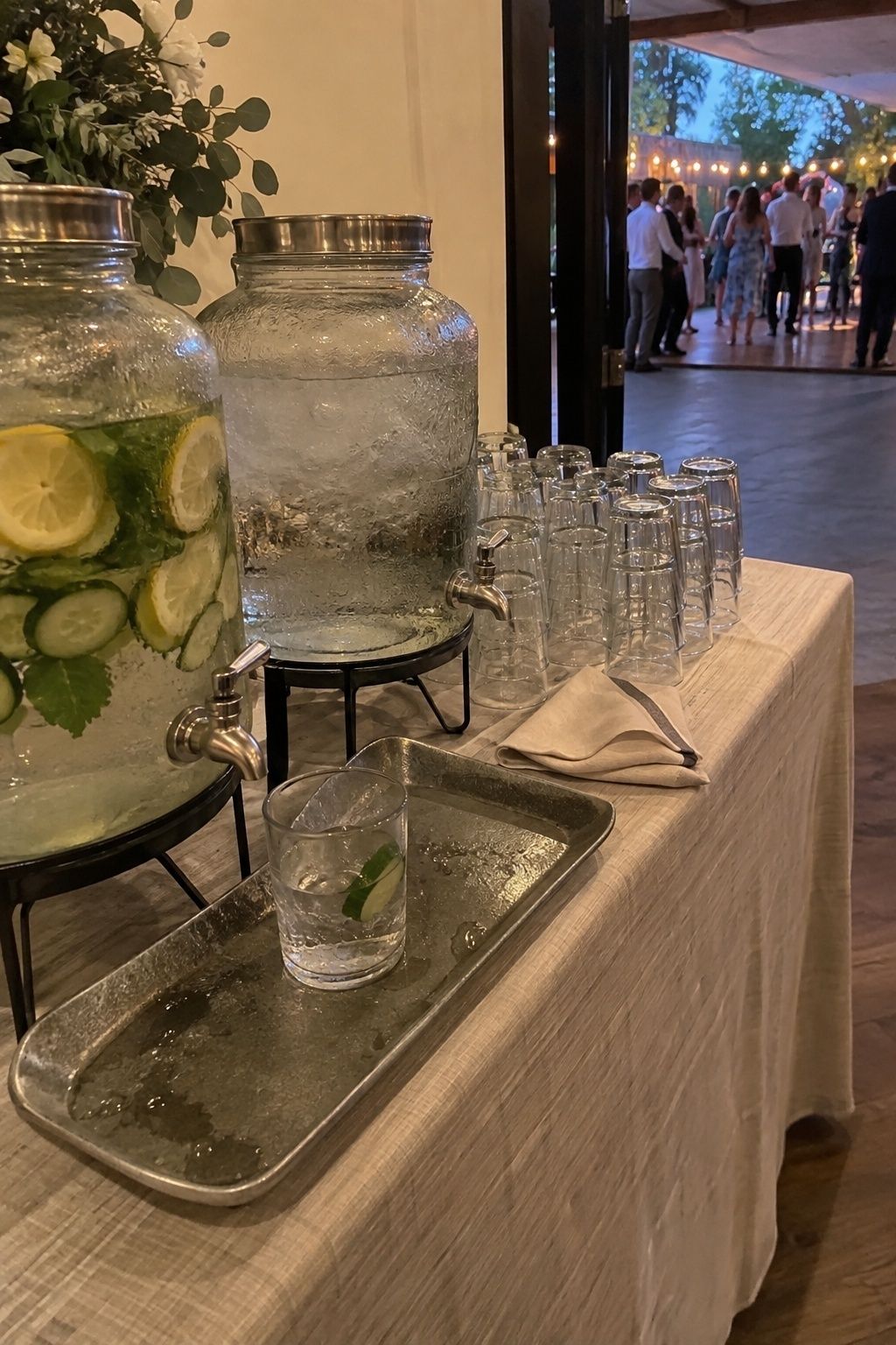 Styled water dispensers and refill tray near a July wedding dance floor