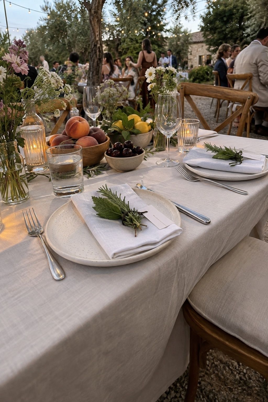 Peaches, cherries, lemons, and herbs in a July wedding tablescape