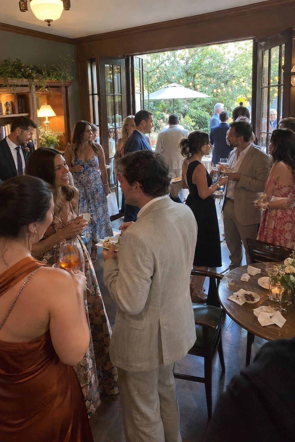 Relaxed indoor cocktail hour giving July wedding guests a cool break
