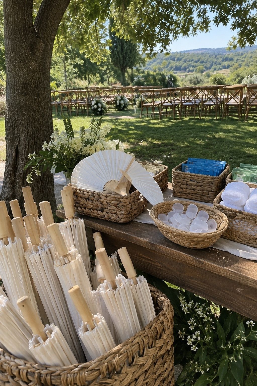 Fans, parasols, sunscreen, and cooling towels at a July wedding entrance