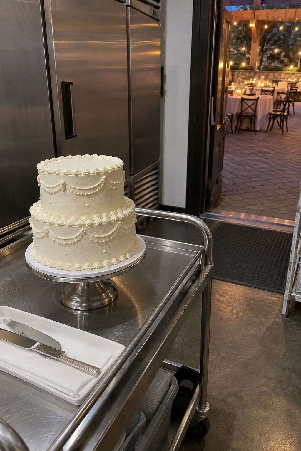 Small buttercream wedding cake kept cool indoors until serving time