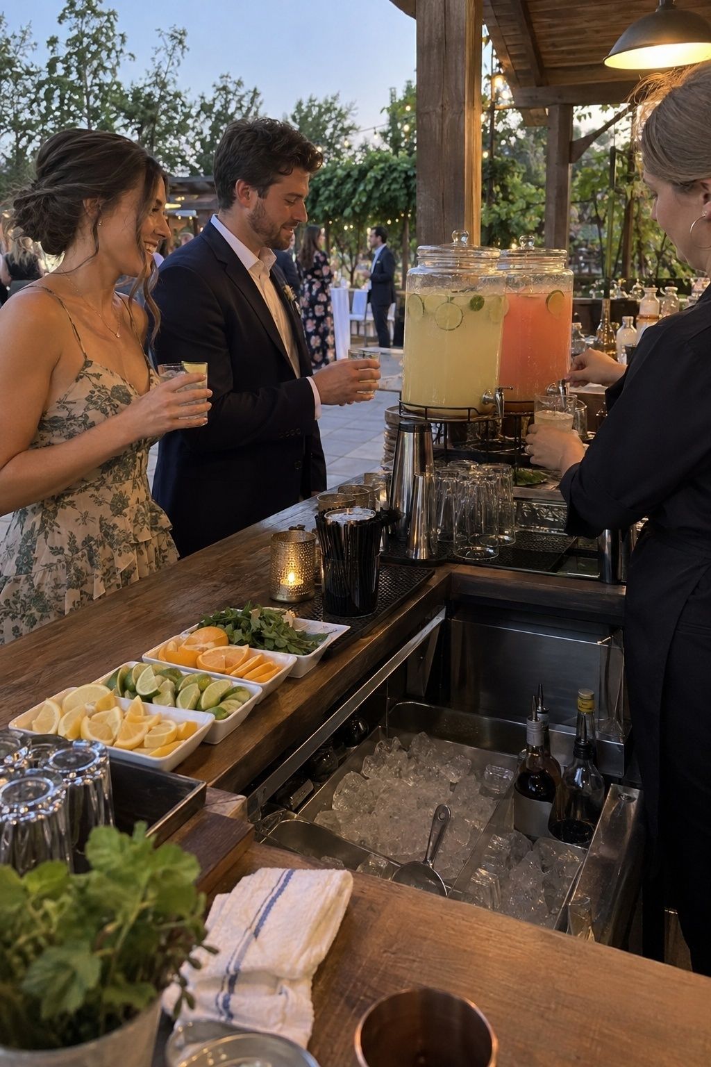 Fast compact July wedding bar with batched drinks, ice, and water