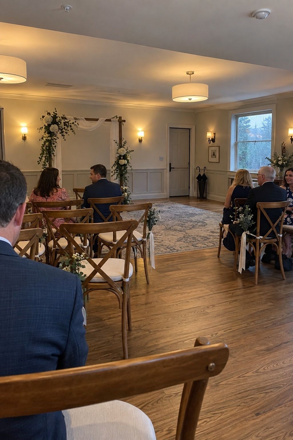 Enclosed indoor wedding ceremony ready as a safe July thunderstorm backup plan