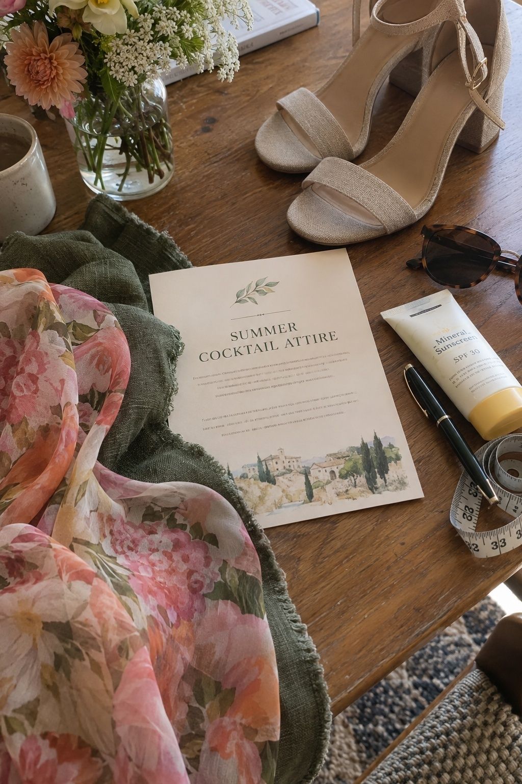 Summer cocktail attire note with breathable fabrics and wedding shoes