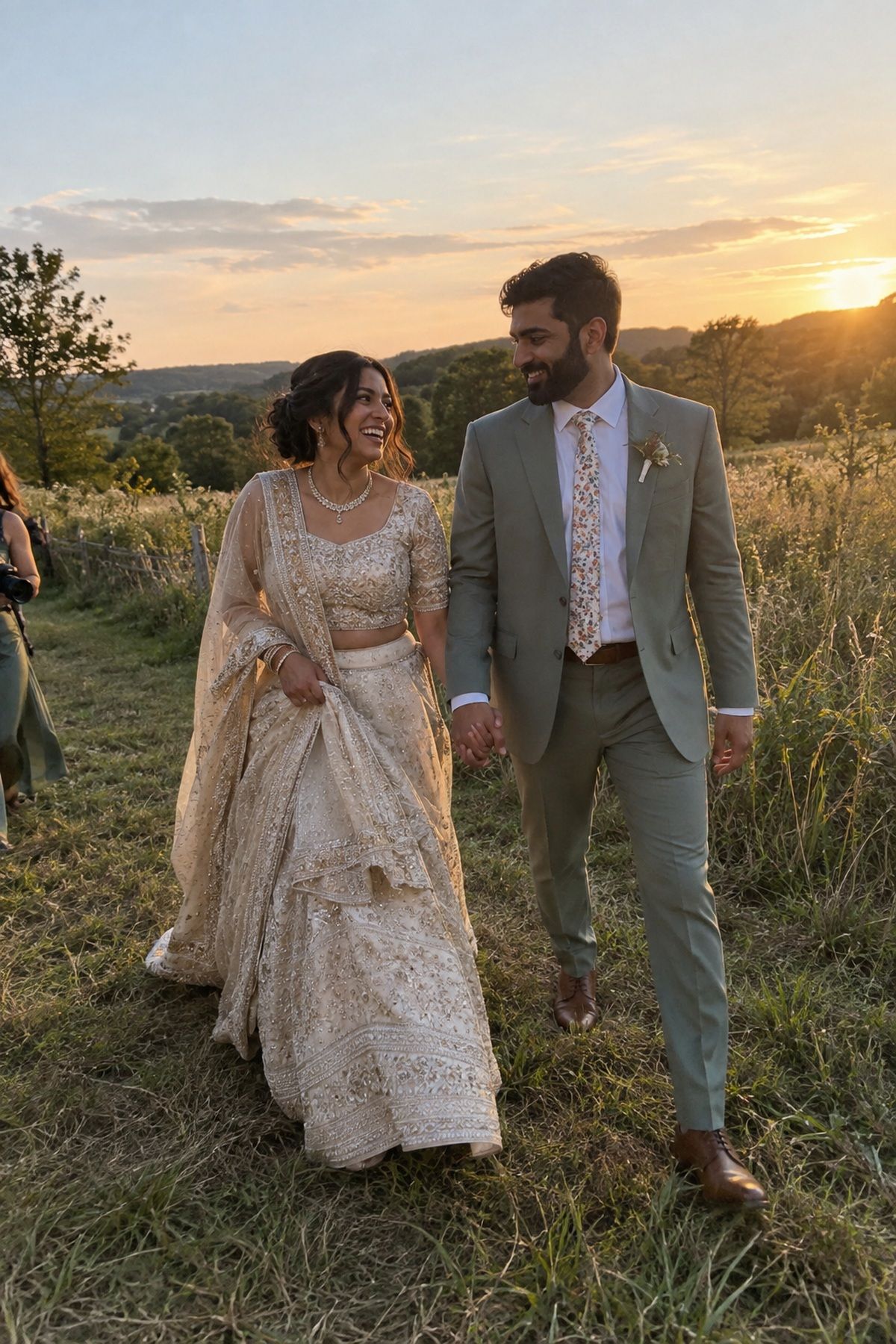 A newlywed couple walks through a meadow during golden hour for romantic July wedding portraits.