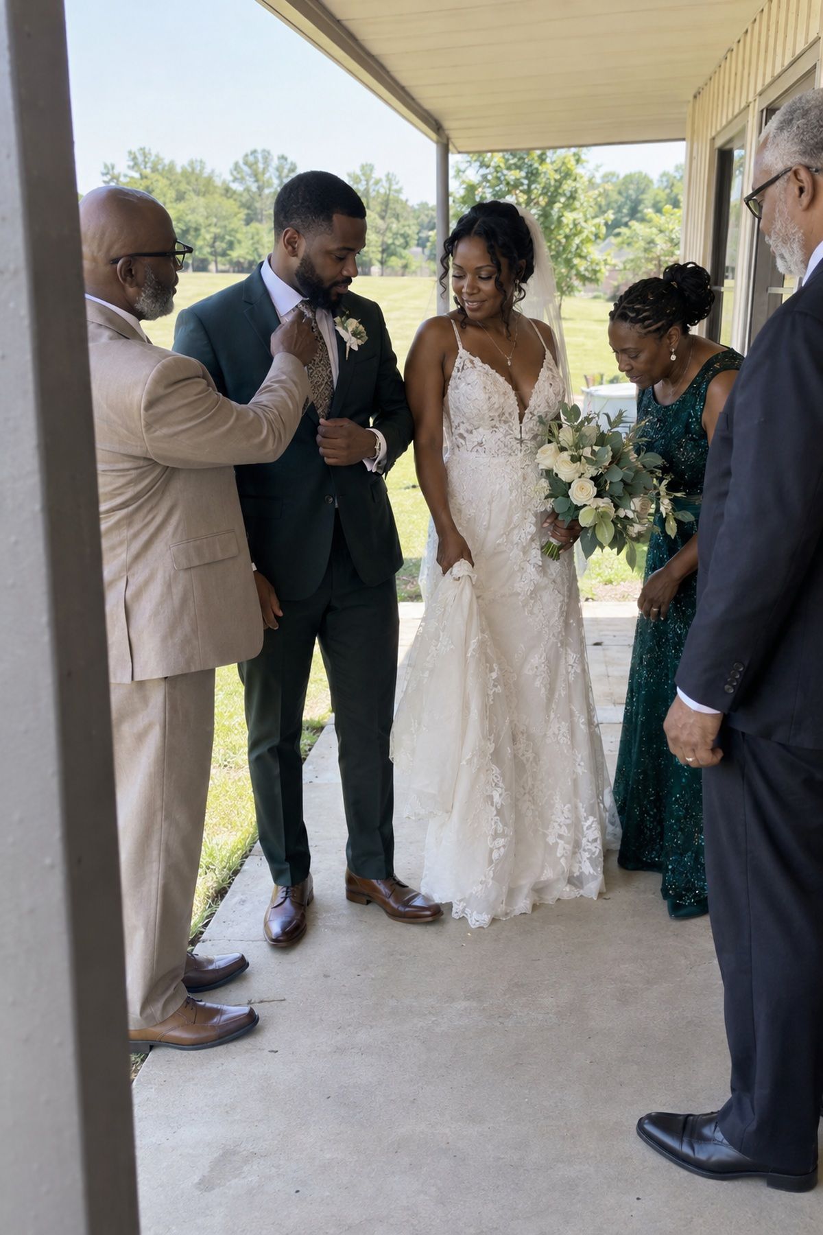 A couple and relatives use open shade for comfortable midday July wedding portraits.